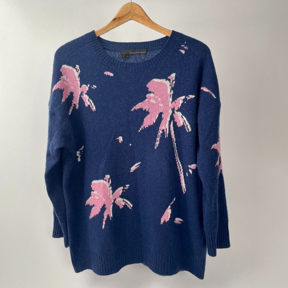 360 Cashmere Pullover Sweater, Blue With Pink/Cream Tree/Flower Motif, Size L